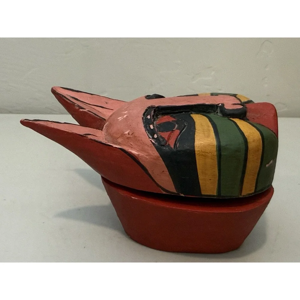 Vintage‎ Folk Art Cat Hand Carved Wood Trinket Box Multicolor Kitty